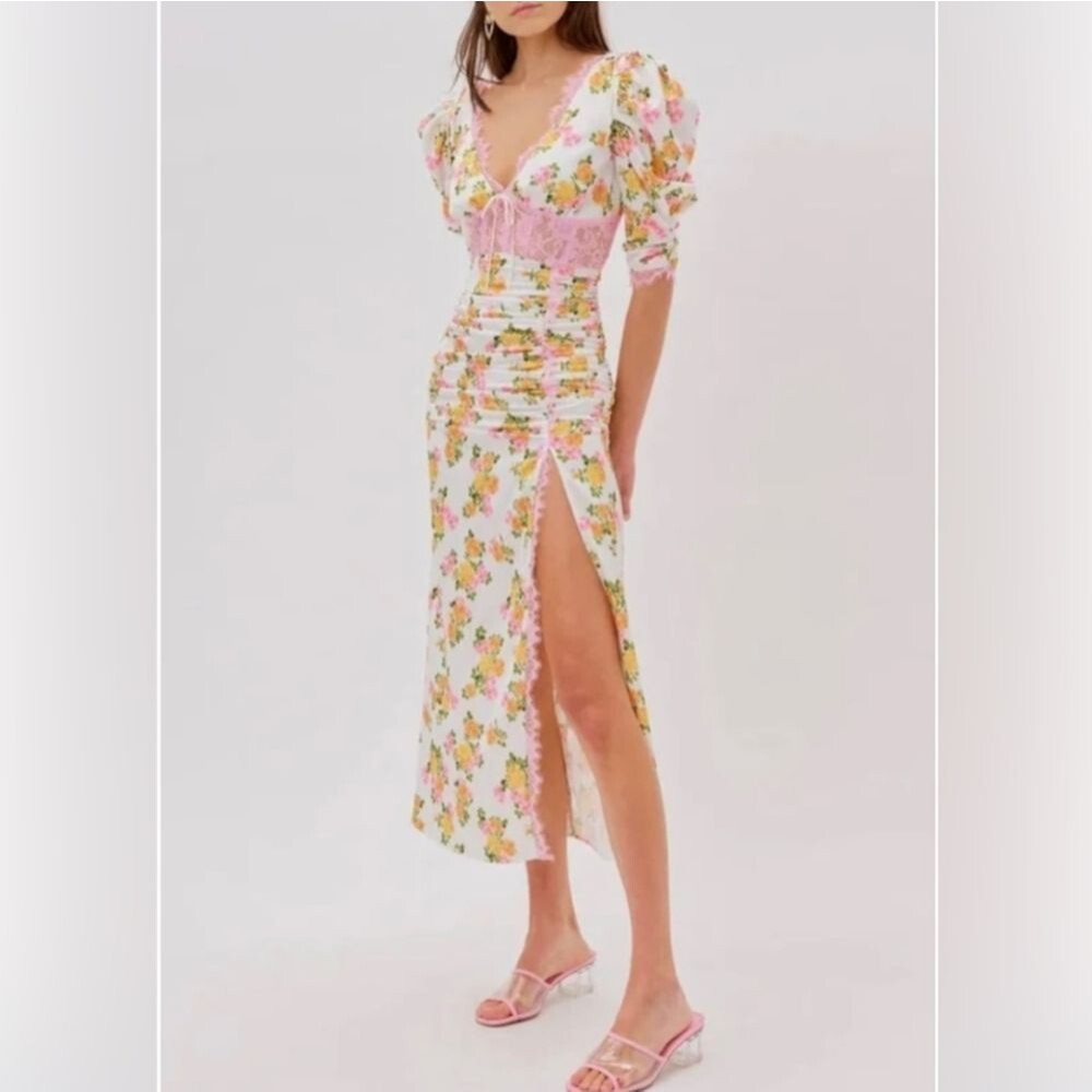 FOR LOVE & LEMONS REVOLVE EMMA Midi DRESS M MEDIUM pink floral thigh slit